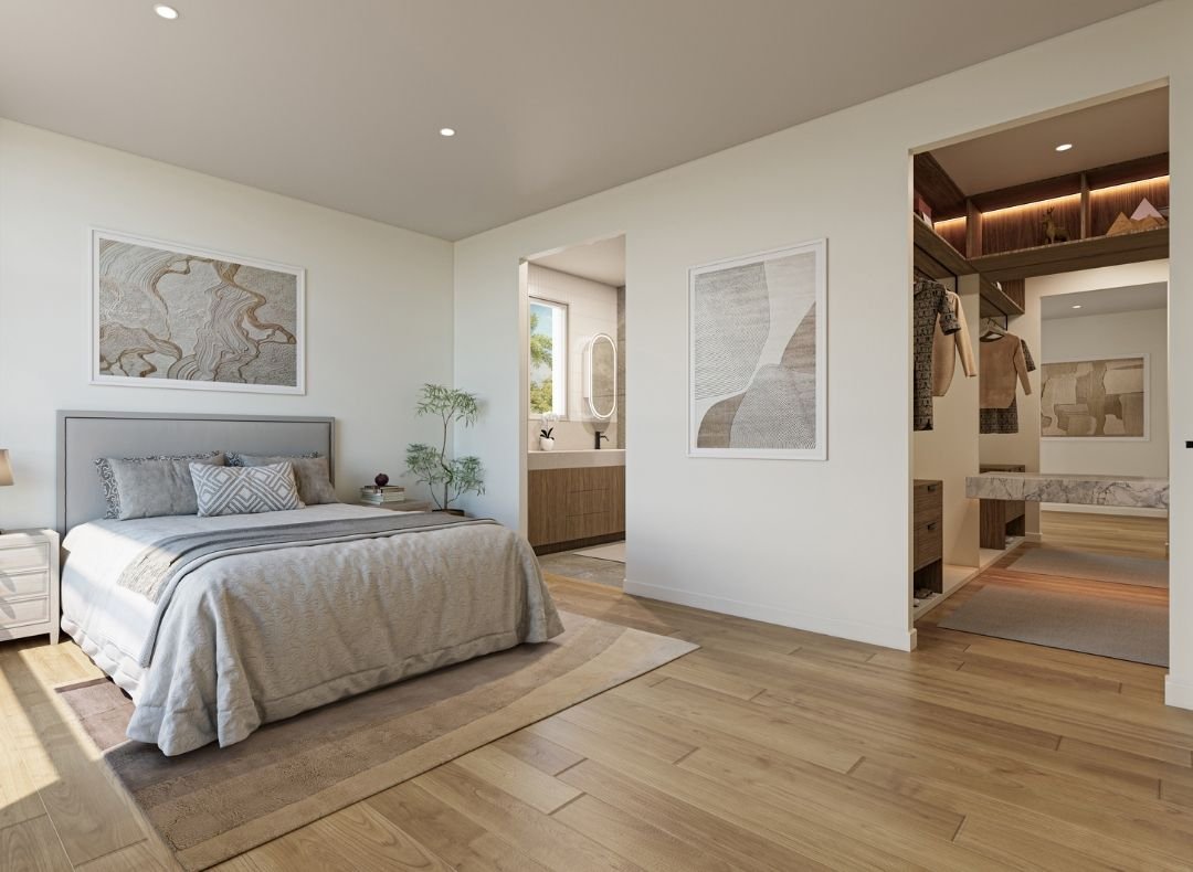 Master bedroom with timber flooring in the DBN Homes display home at 205 Sinclairs Rd, Deanside