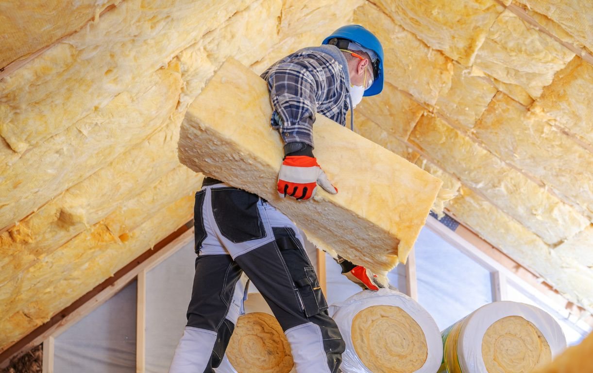 A carpenter carrying timber on a house frame during construction