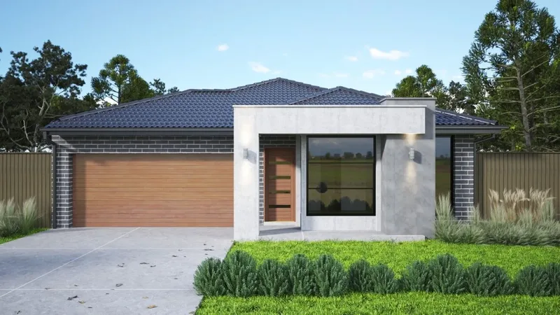 A DBN Homes facade with a rendered feature wall, timber-look garage door and grey brickwork