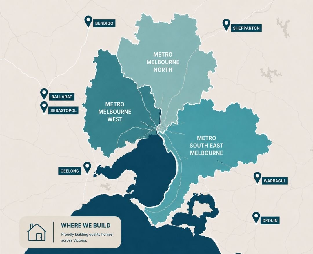 Map of where DBN Homes builds: metro Melbourne north, west and south east, plus Bendigo, Shepparton, Ballarat, Sebastopol, Geelong, Warragul and Drouin